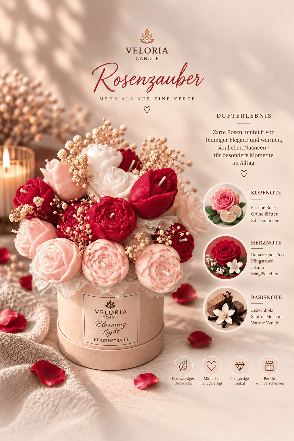 Kerzenstrauß mit Rosen – Handgemachter Blumenstrauß aus Kerzen