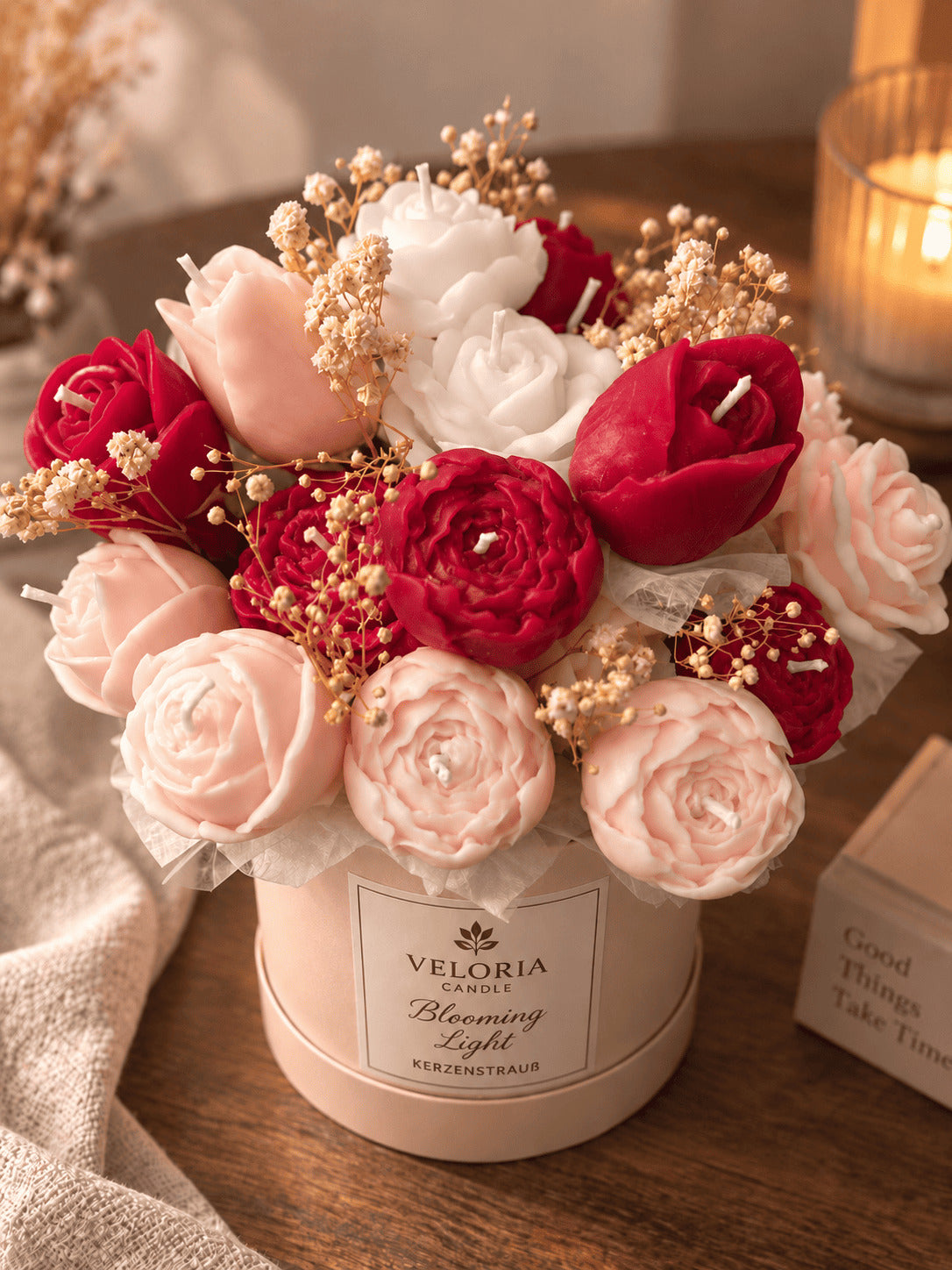 Kerzenstrauß mit Rosen – Handgemachter Blumenstrauß aus Kerzen